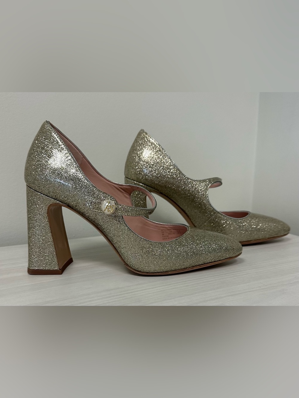 Kate Spade New York Glitter Mary Jane Block Heel Pumps in Metallic Gold